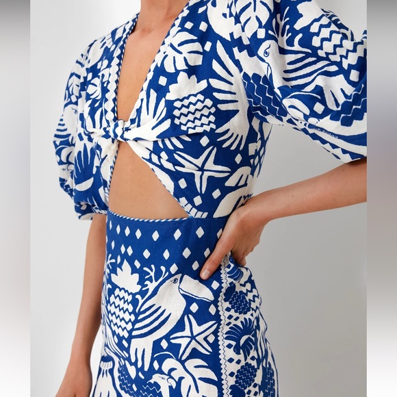 Rare NWT Farm Rio Jungle Scarf Midi Dress Cutout Birds Blue White Navy - Picture 9 of 14